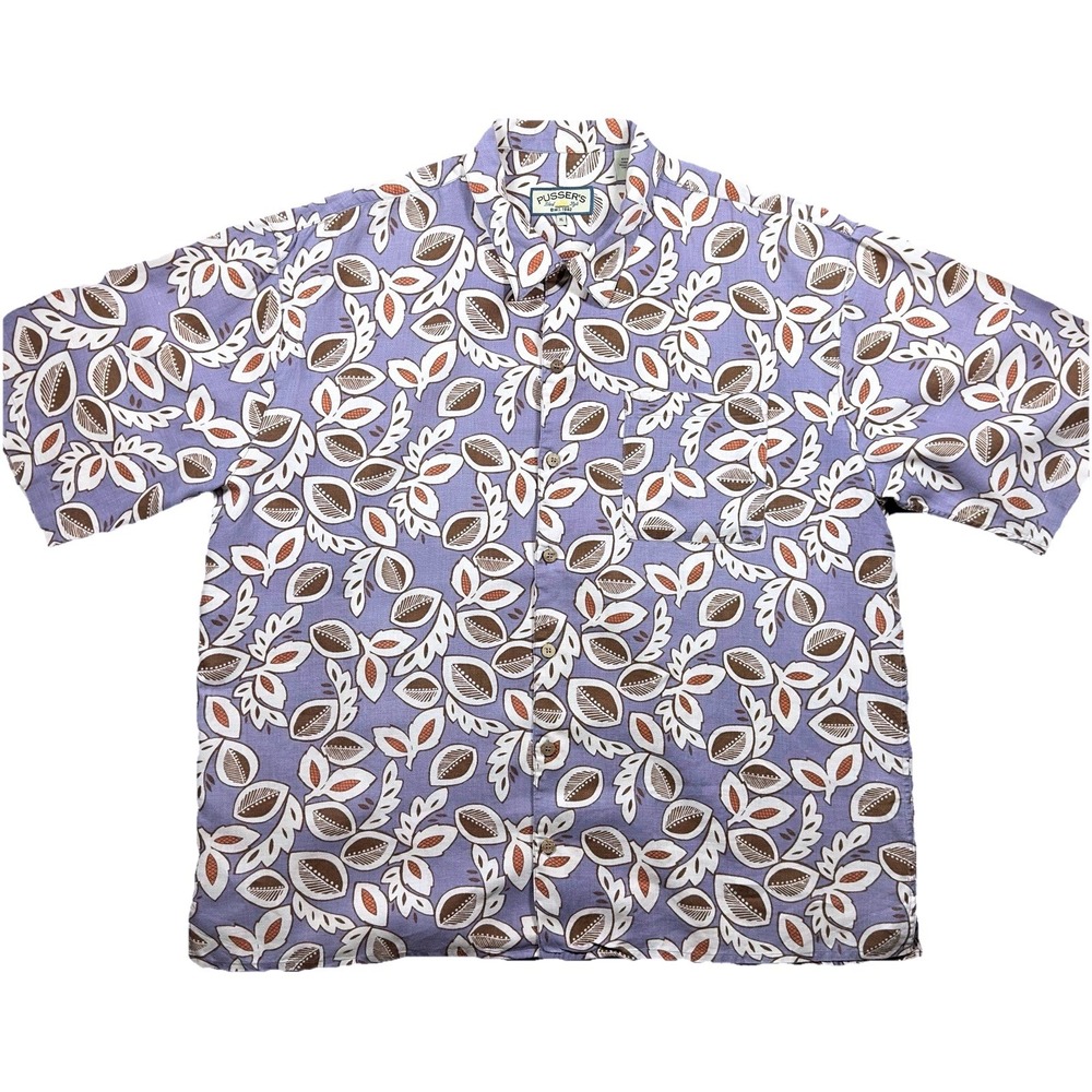 Pussers‎ Island Style Linen Camp Shirt Mens XL Purple Leaf Print Tropical Aloha